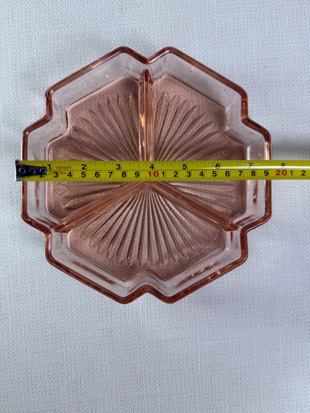 Pink Depression Glass 3-Section Divided Relish & Candy Dish — Starburst Pattern - Picture 5 of 10